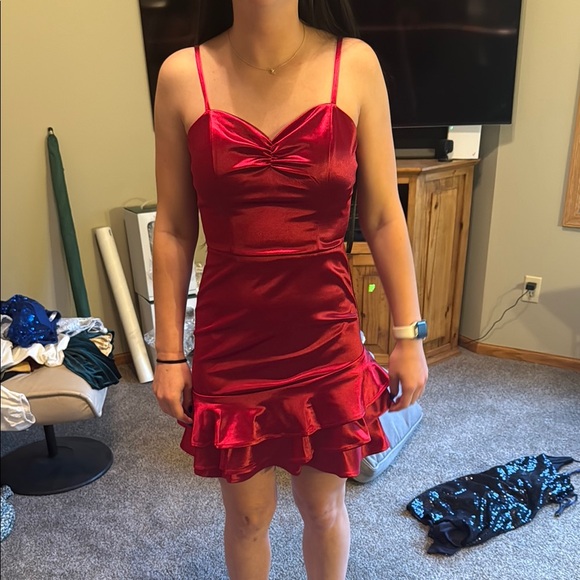 BCX Red Ruched Ruffled Mini Dress - Picture 1 of 2